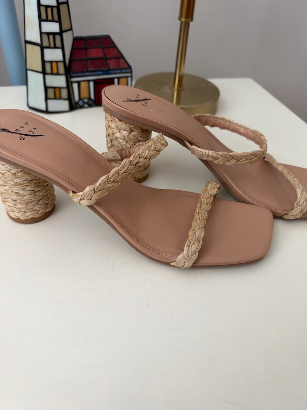 A New Day Woven Strap Beige Block Heel Sandals with Square Toe